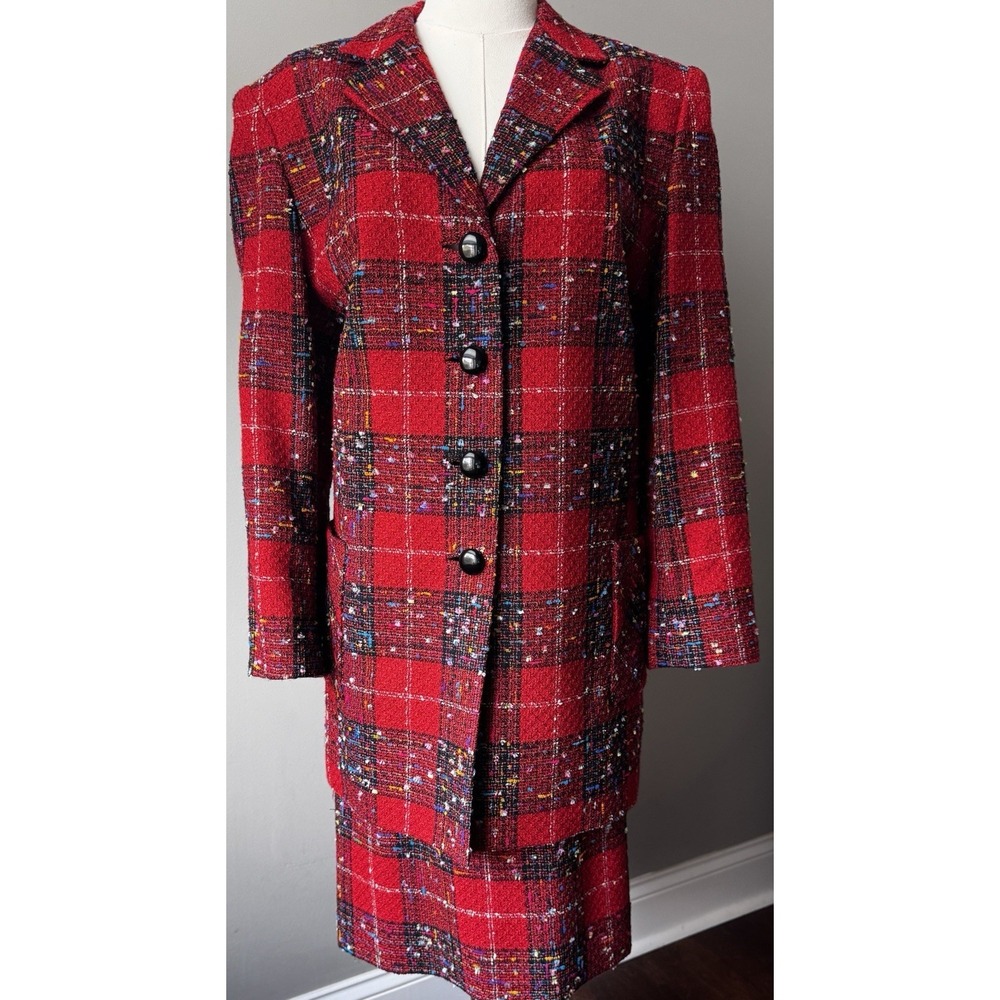 Vintage Paul Michael Red Plaid Bouclé Tweed Skirt Suit Lined Est. Size 14